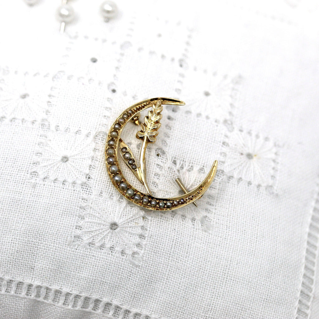 Sale - Crescent Moon Brooch - Edwardian 14k Yellow Gold Seed Pearl Oak Leaf Pin - Antique Circa 1900s Fashion Accessory Celestial Jewelry