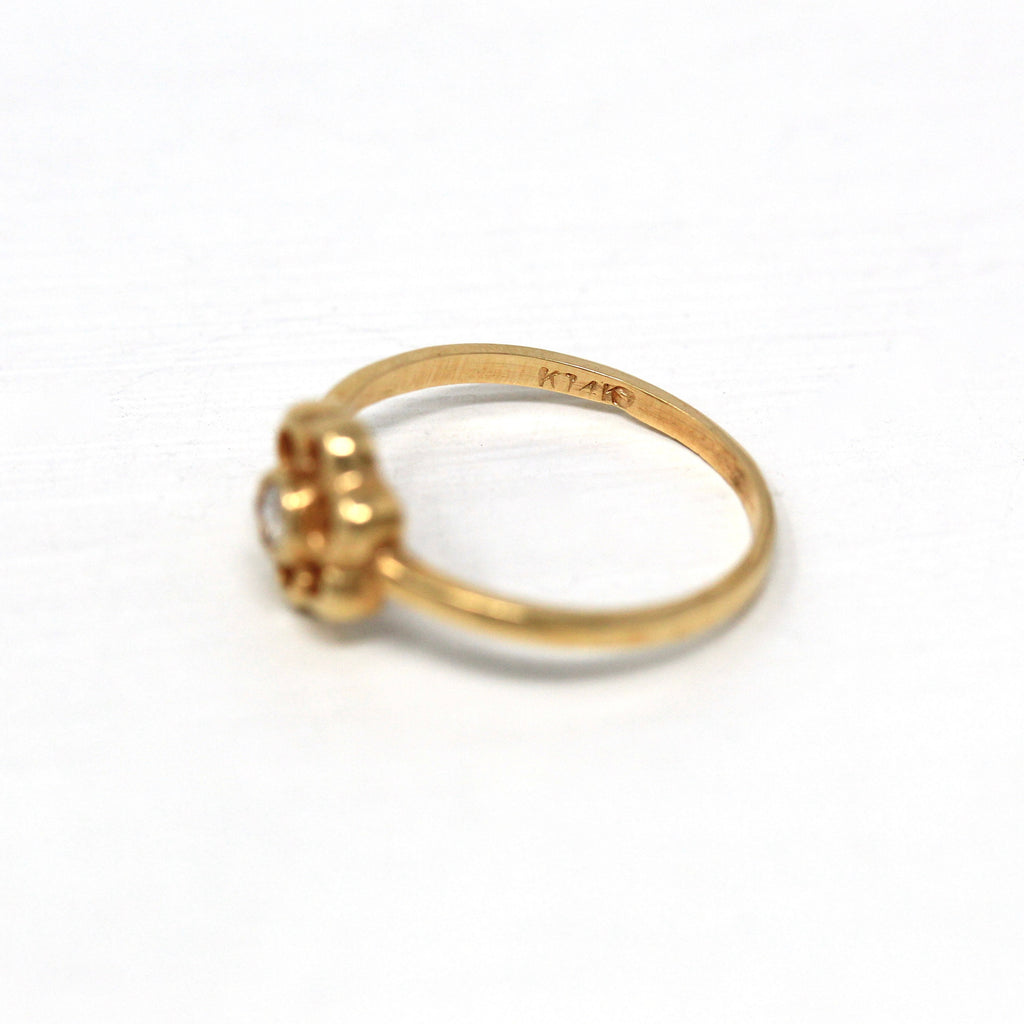 Sale - Diamond Flower Ring - Retro 14k Yellow Gold Round Faceted .06 CT Gem - Vintage Circa 1970s Era Size 5 3/4 April Birthstone Jewelry