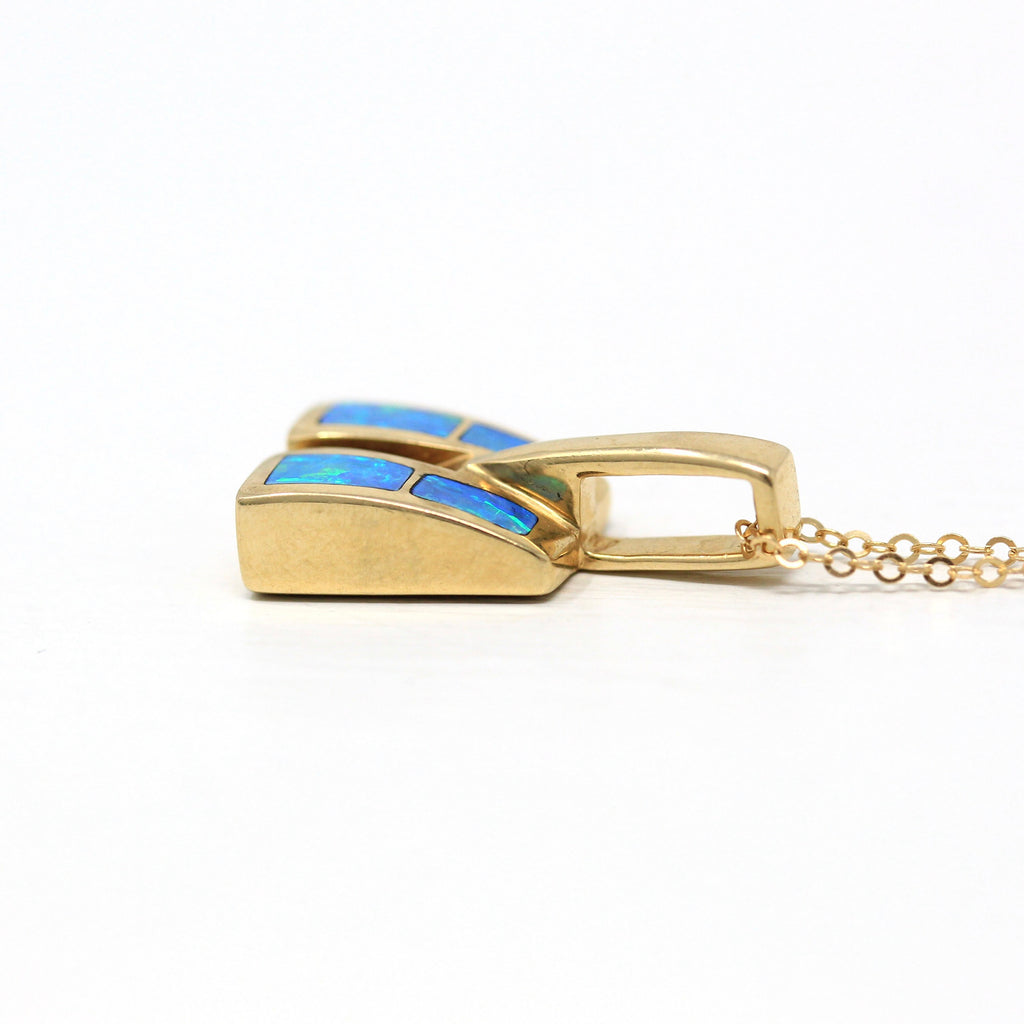 Sale - Blue Inlay Pendant - Estate 14k Yellow Gold Necklace Slide Charm - Modern Circa 1990's Era Statement October Birthstone 90s Jewelry