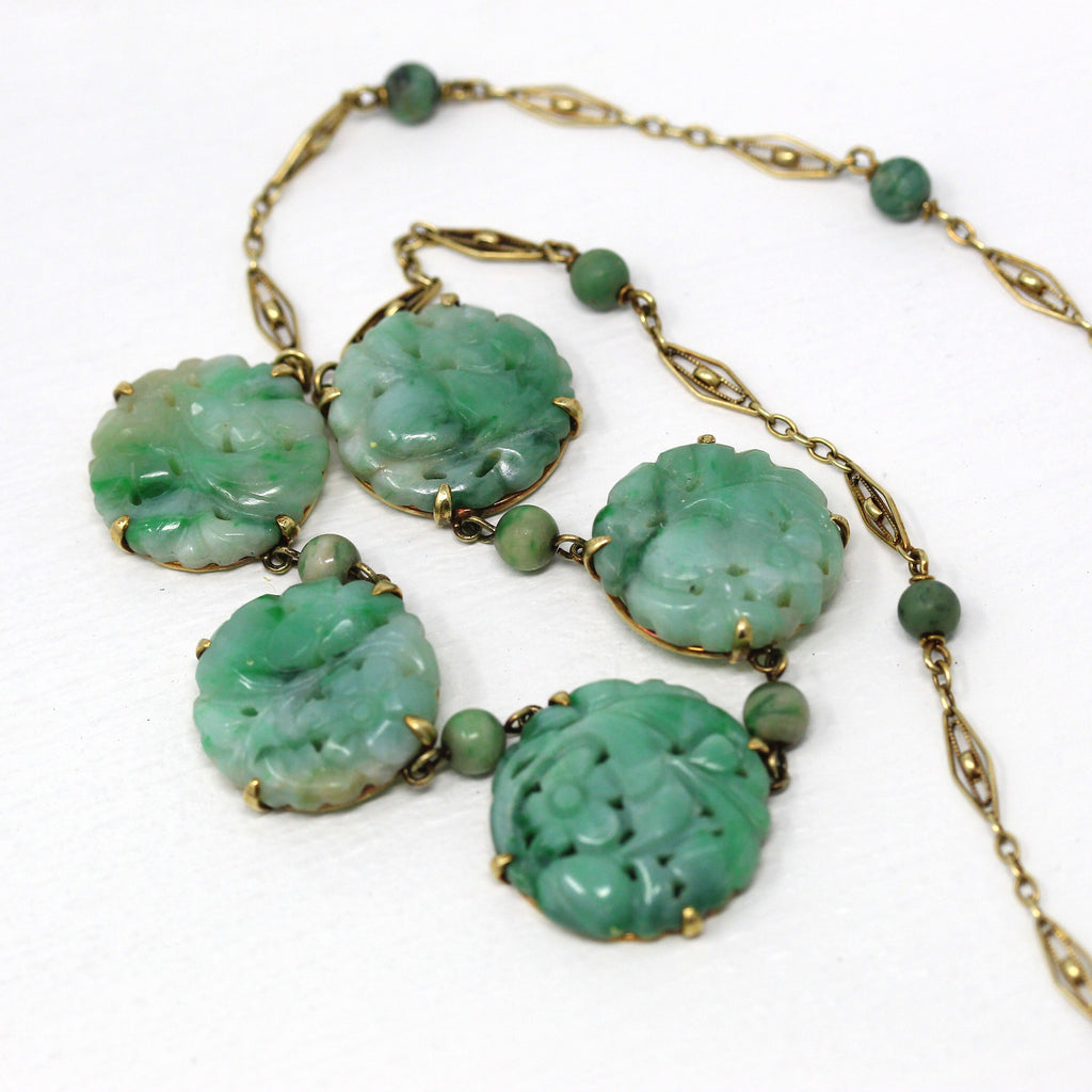 Sale - Vintage Jade Necklace - Art Deco 14k & 18k Yellow Gold Genuine Carved Jadeite Jade - 1920s Green Gemstone Filigree Jewelry w/ Report
