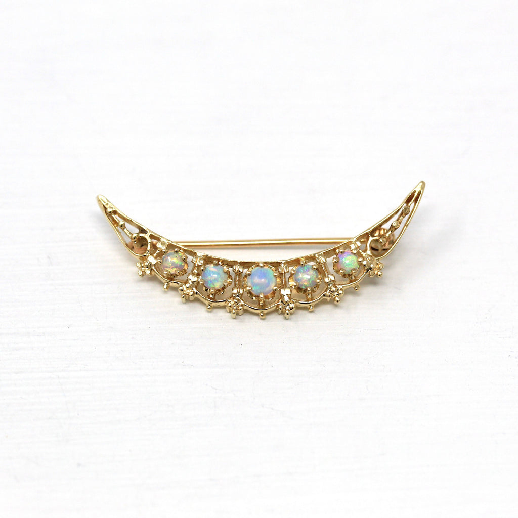 Sale - Crescent Moon Brooch - Retro 14k Yellow Gold Genuine Opal Gems Pin - Vintage Circa 1960s Era Fashion Accessory Fine Celestial Jewelry