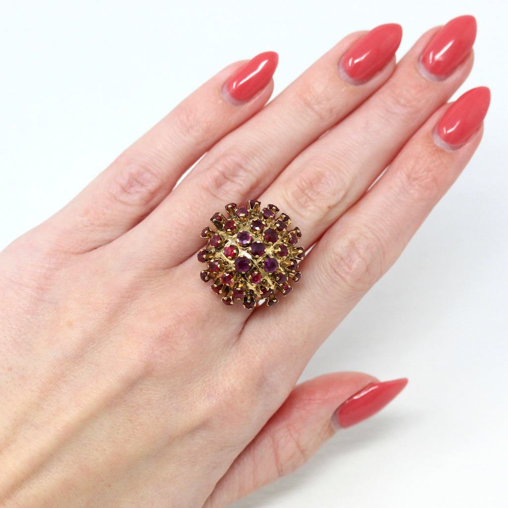 Sale - Genuine Ruby Ring - Retro 14k Yellow Gold Multi Cluster Round Faceted Gems - Vintage Circa 1960s Era Size 5 3/4 Statement 60s Jewelry