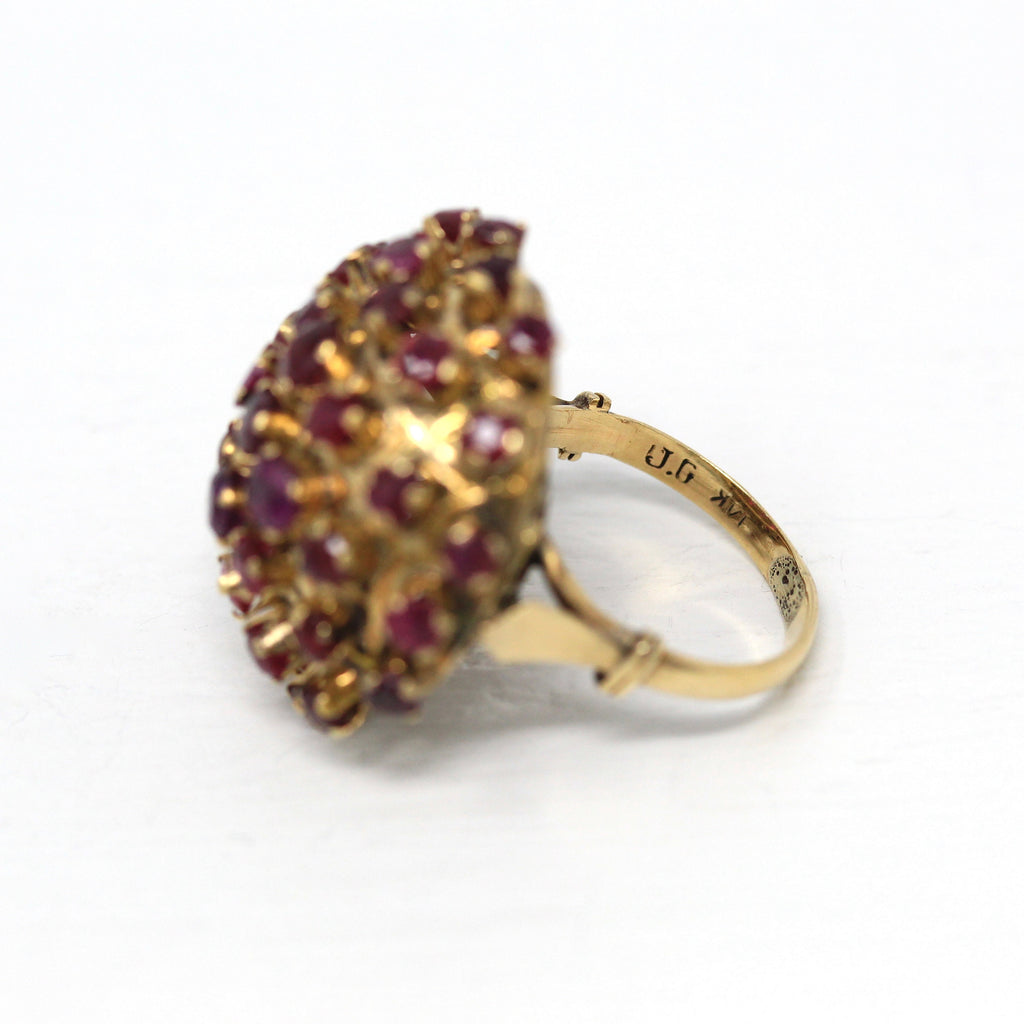 Sale - Genuine Ruby Ring - Retro 14k Yellow Gold Multi Cluster Round Faceted Gems - Vintage Circa 1960s Era Size 5 3/4 Statement 60s Jewelry