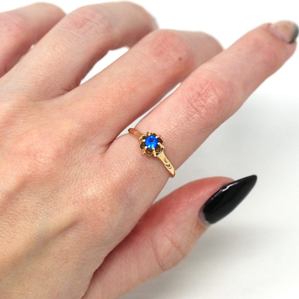 Sale - Created Spinel Ring - Retro 14k Yellow Gold Round Faceted .19 CT Blue Stone - Vintage Circa 1960s Era Size 5 3/4 Solitaire Jewelry
