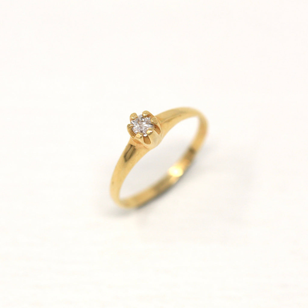 Sale - Vintage Diamond Ring - 14k Yellow Gold Faceted Round Cut .1 CT Genuine Gem Solitaire - Circa 1970s Retro Size 3.75 April Fine Jewelry