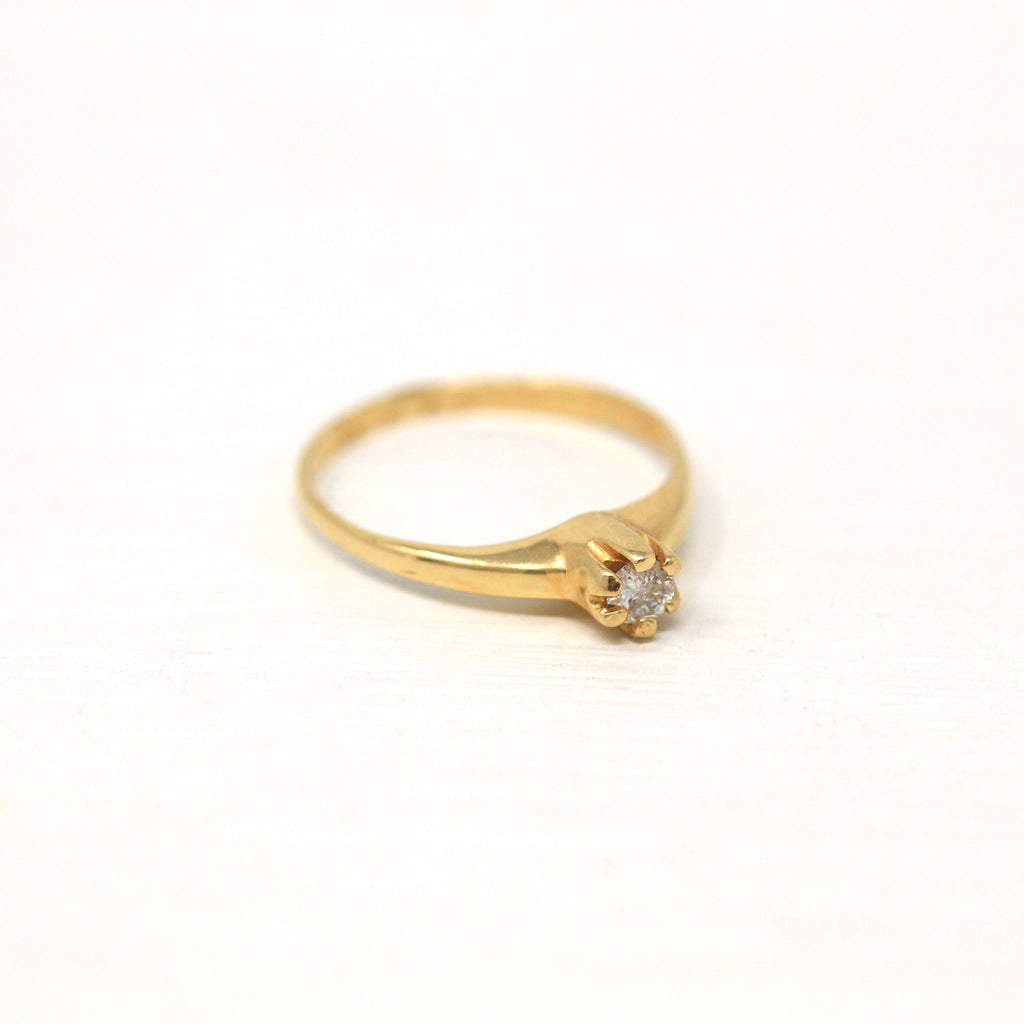 Sale - Vintage Diamond Ring - 14k Yellow Gold Faceted Round Cut .1 CT Genuine Gem Solitaire - Circa 1970s Retro Size 3.75 April Fine Jewelry