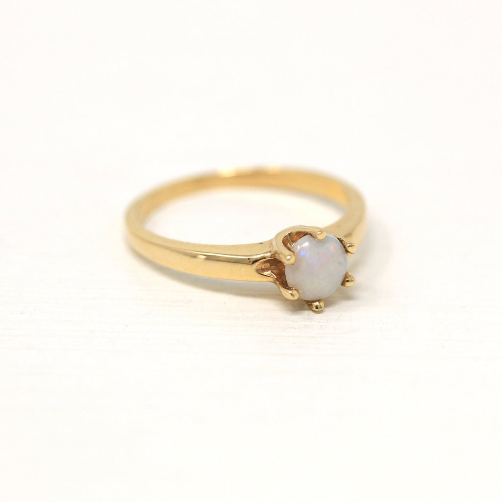 Sale - Vintage Opal Ring - 14k Yellow Gold Round Cabochon Cut .29 CT Genuine Gem Solitaire - Circa 1970s Retro Size 5.75 October 70s Jewelry