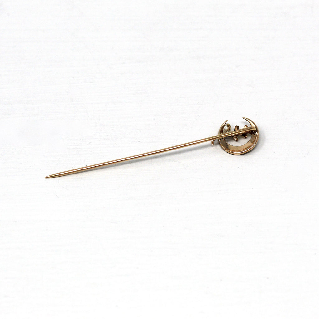 Sale - Antique Stick Pin - Edwardian 10k Yellow Gold Crescent Moon Oak Leaf Seed Pearl - 1910s Era Fashion Accessory Neckwear Device Jewelry