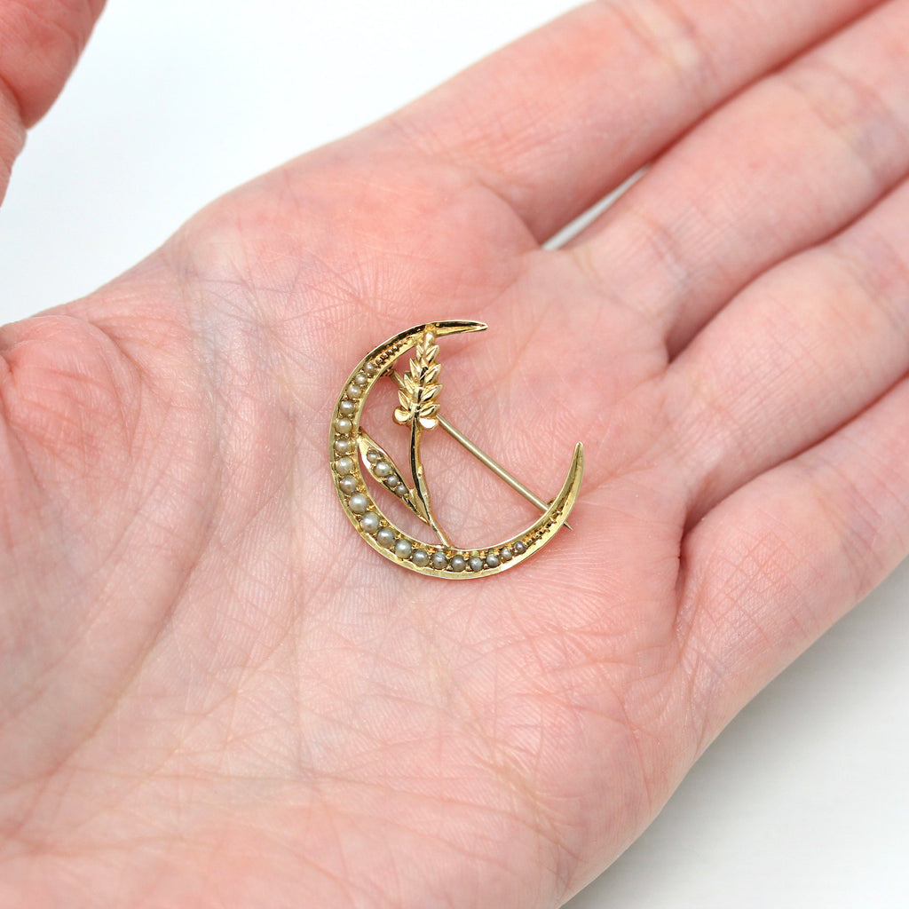 Sale - Crescent Moon Brooch - Edwardian 14k Yellow Gold Seed Pearl Oak Leaf Pin - Antique Circa 1900s Fashion Accessory Celestial Jewelry