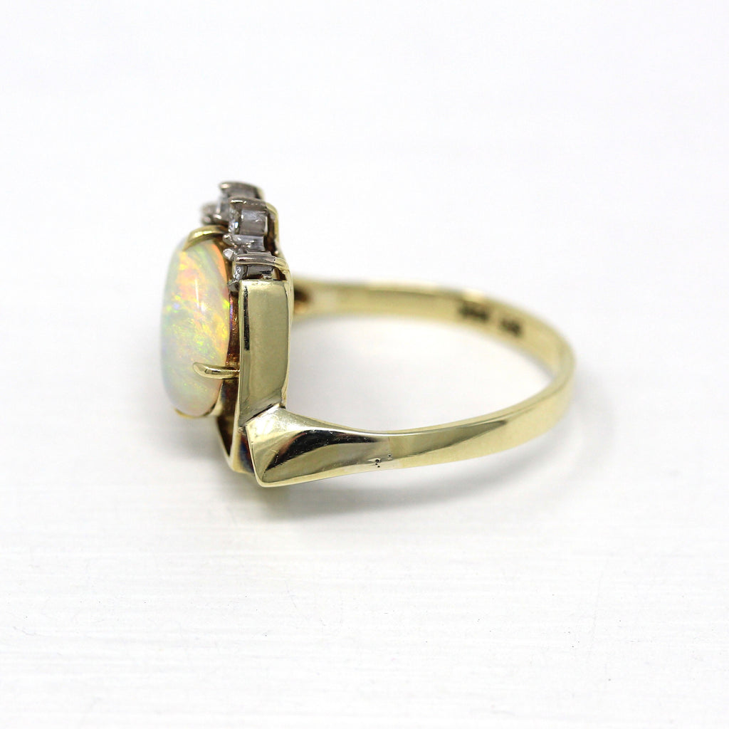 Sale - Opal & Diamond Ring - Retro 14k Yellow Gold Cabochon Cut 2.09 CT Gem - Vintage Circa 1970s Era Size 6 1/4 October Birthstone Jewelry