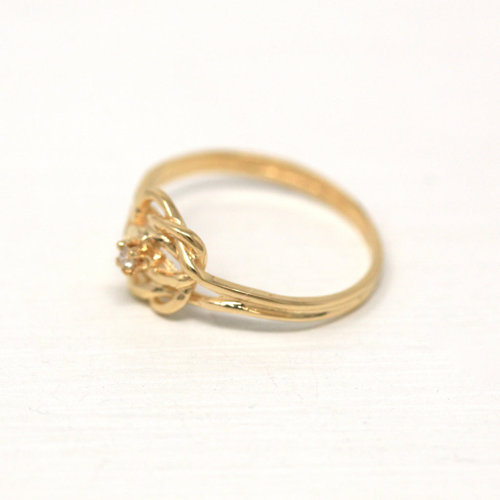 Sale - Love Knot Ring - Retro 14k Yellow Gold Genuine .02 CT Diamond Gemstone - Vintage Circa 1970s Era Size 4 3/4 April Birthstone Jewelry