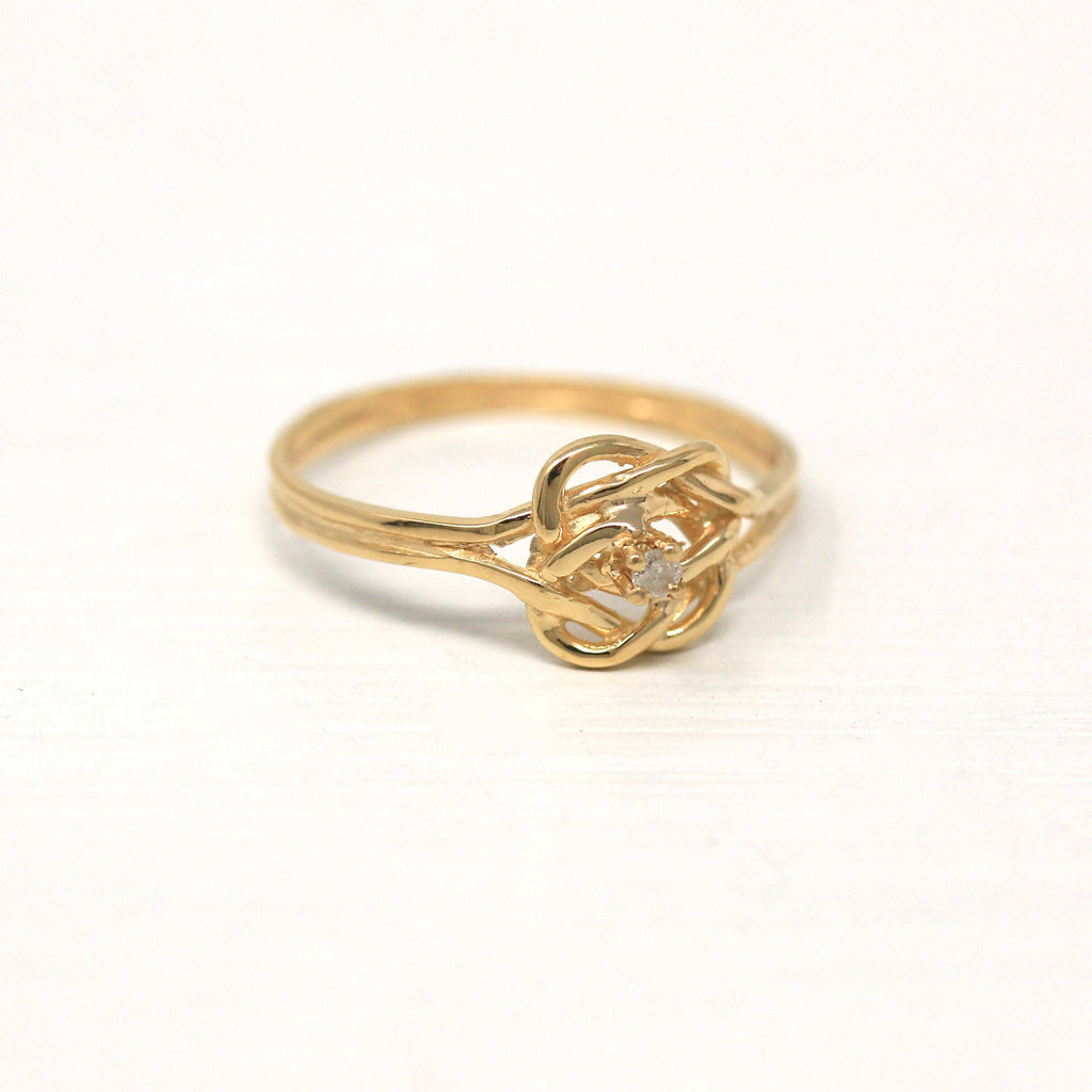 Sale - Love Knot Ring - Retro 14k Yellow Gold Genuine .02 CT Diamond Gemstone - Vintage Circa 1970s Era Size 4 3/4 April Birthstone Jewelry