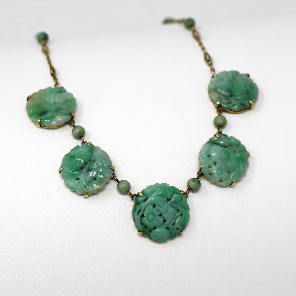 Sale - Vintage Jade Necklace - Art Deco 14k & 18k Yellow Gold Genuine Carved Jadeite Jade - 1920s Green Gemstone Filigree Jewelry w/ Report