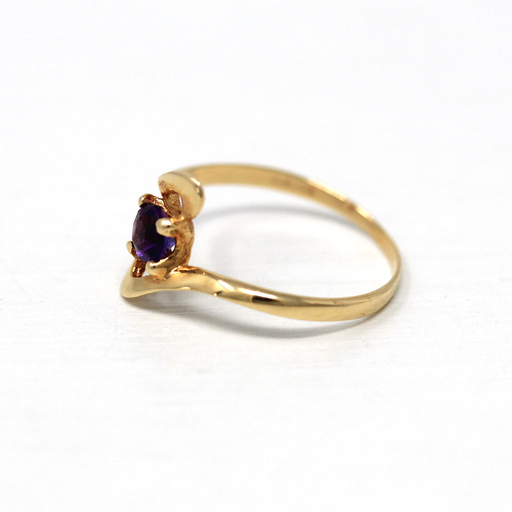 Sale - Vintage Amethyst Ring - 14k Yellow Gold Round Cut .30 CT Genuine Gem Bypass Style - Circa 1970s Size 5.25 February Fine 70s Jewelry