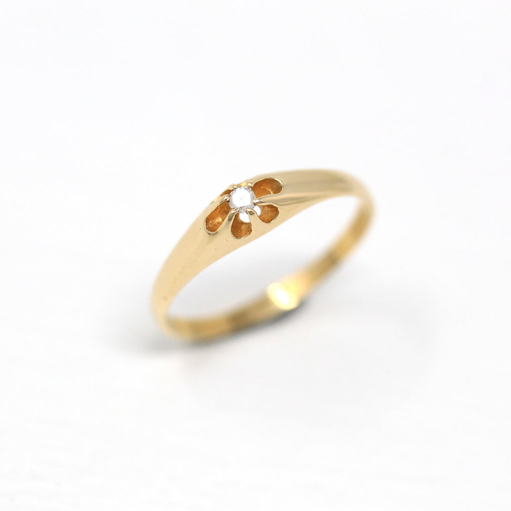 Sale - Genuine Diamond Ring - Retro 14k Yellow Gold Round Faceted .02 CT Gem - Vintage Circa 1970s Era Size 5 3/4 April Birthstone Jewelry
