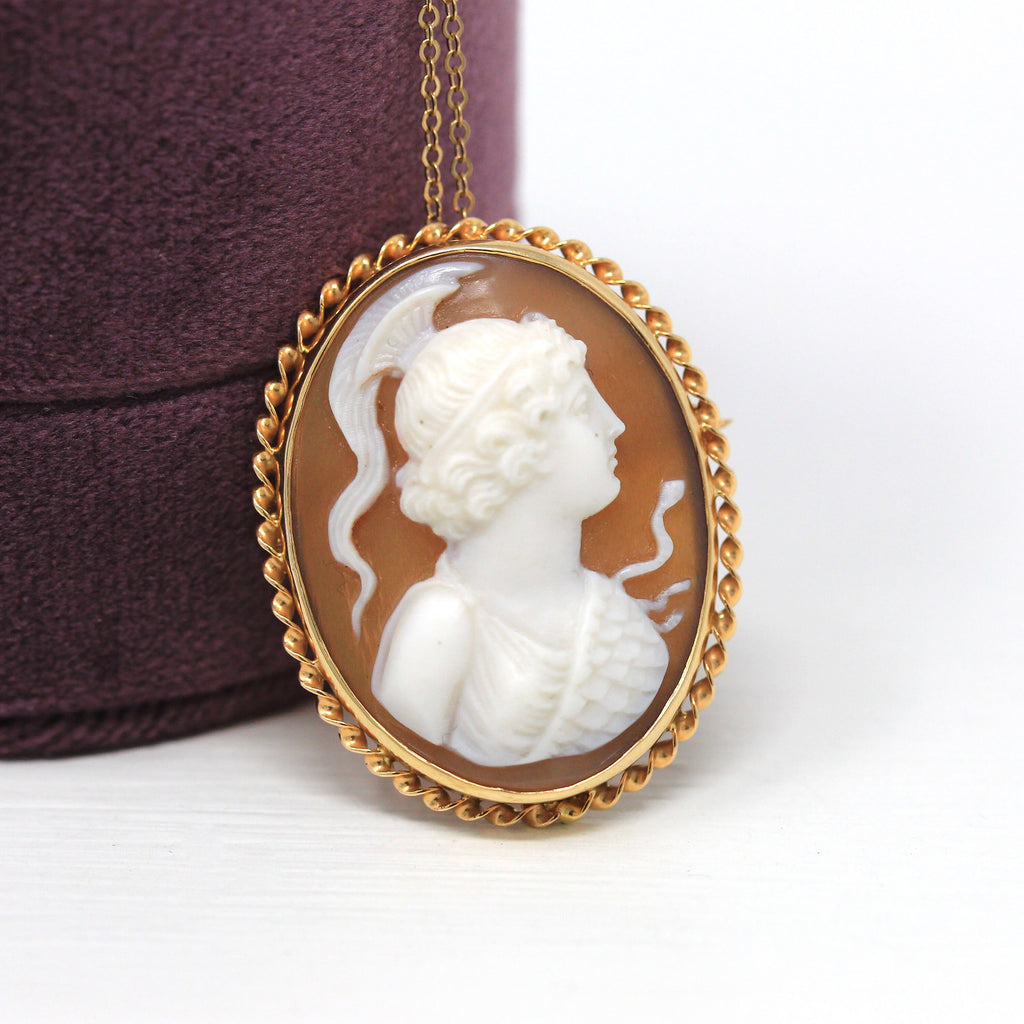 Sale - Vintage Cameo Necklace - Retro 14k Yellow Gold Carved Shell Brooch Pin Pendant - Circa 1940s Era Statement Church & Company Jewelry