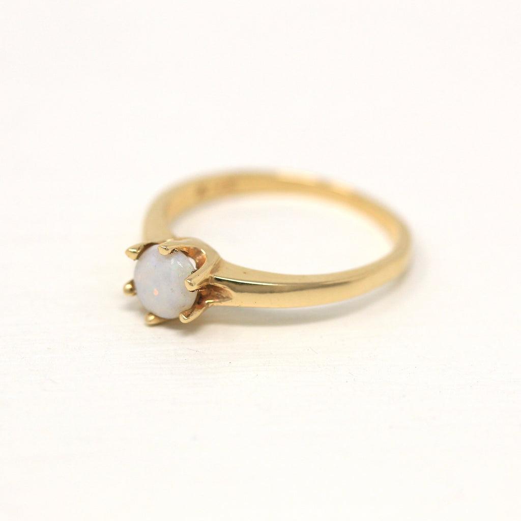 Sale - Vintage Opal Ring - 14k Yellow Gold Round Cabochon Cut .29 CT Genuine Gem Solitaire - Circa 1970s Retro Size 5.75 October 70s Jewelry