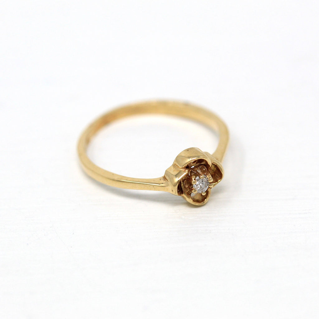 Sale - Diamond Flower Ring - Retro 14k Yellow Gold Round Faceted .05 CT Gem - Vintage Circa 1970s Era Size 5 3/4 April Birthstone Jewelry