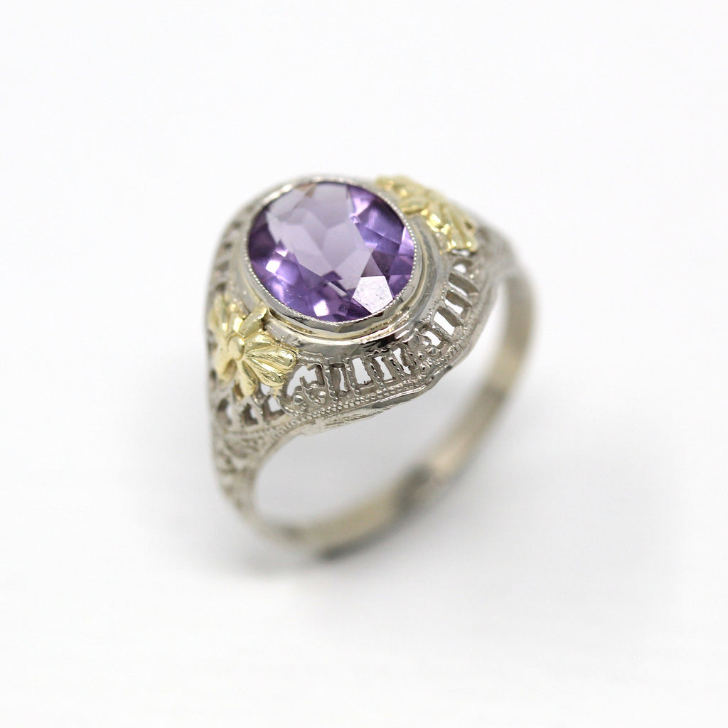 Sale - Amethyst Filigree Ring - Art Deco Era 14k White Gold Genuine 1.24 CT Purple Oval Gem - Circa 1930s Size 6 Statement February Jewelry