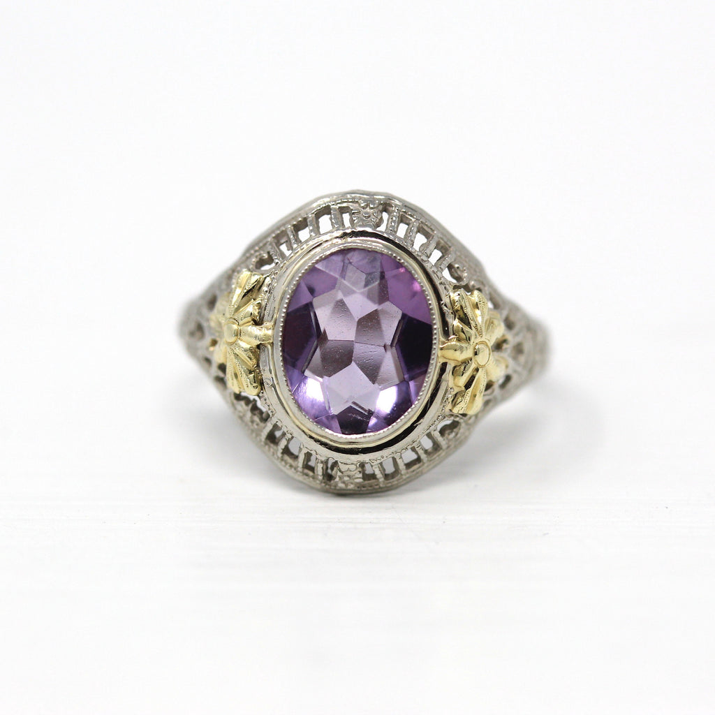 Sale - Amethyst Filigree Ring - Art Deco Era 14k White Gold Genuine 1.24 CT Purple Oval Gem - Circa 1930s Size 6 Statement February Jewelry
