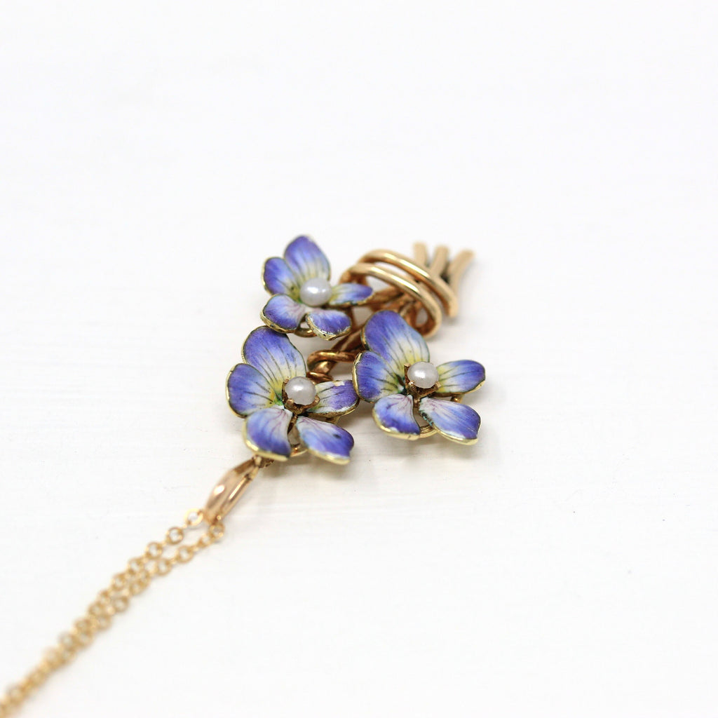 Sale - Enamel Pansy Necklace - Vintage 14k Yellow Gold Seed Pearl Pendant Charm - Art Nouveau Style 1940s Purple White Flower Fine Jewelry