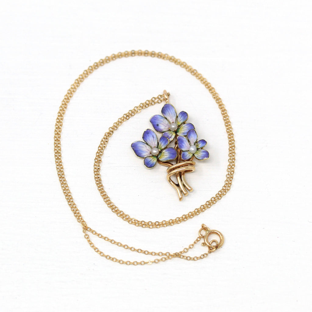 Sale - Enamel Pansy Necklace - Vintage 14k Yellow Gold Seed Pearl Pendant Charm - Art Nouveau Style 1940s Purple White Flower Fine Jewelry
