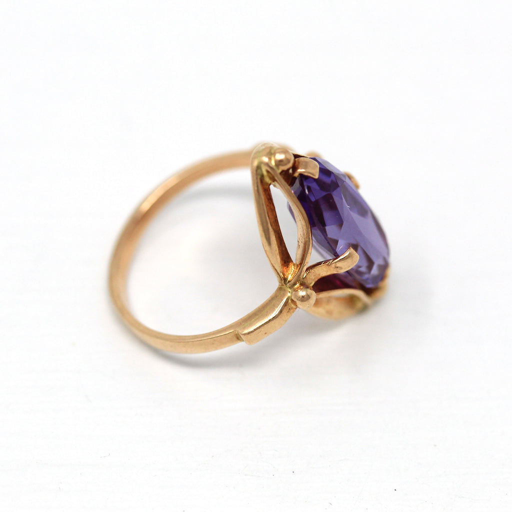 Sale - Gold Navette Ring - Retro 14k Rose Gold 5+ CT Created Color Change Sapphire - Circa 1960s Size 6 3/4 Vintage Purple Russian Jewelry