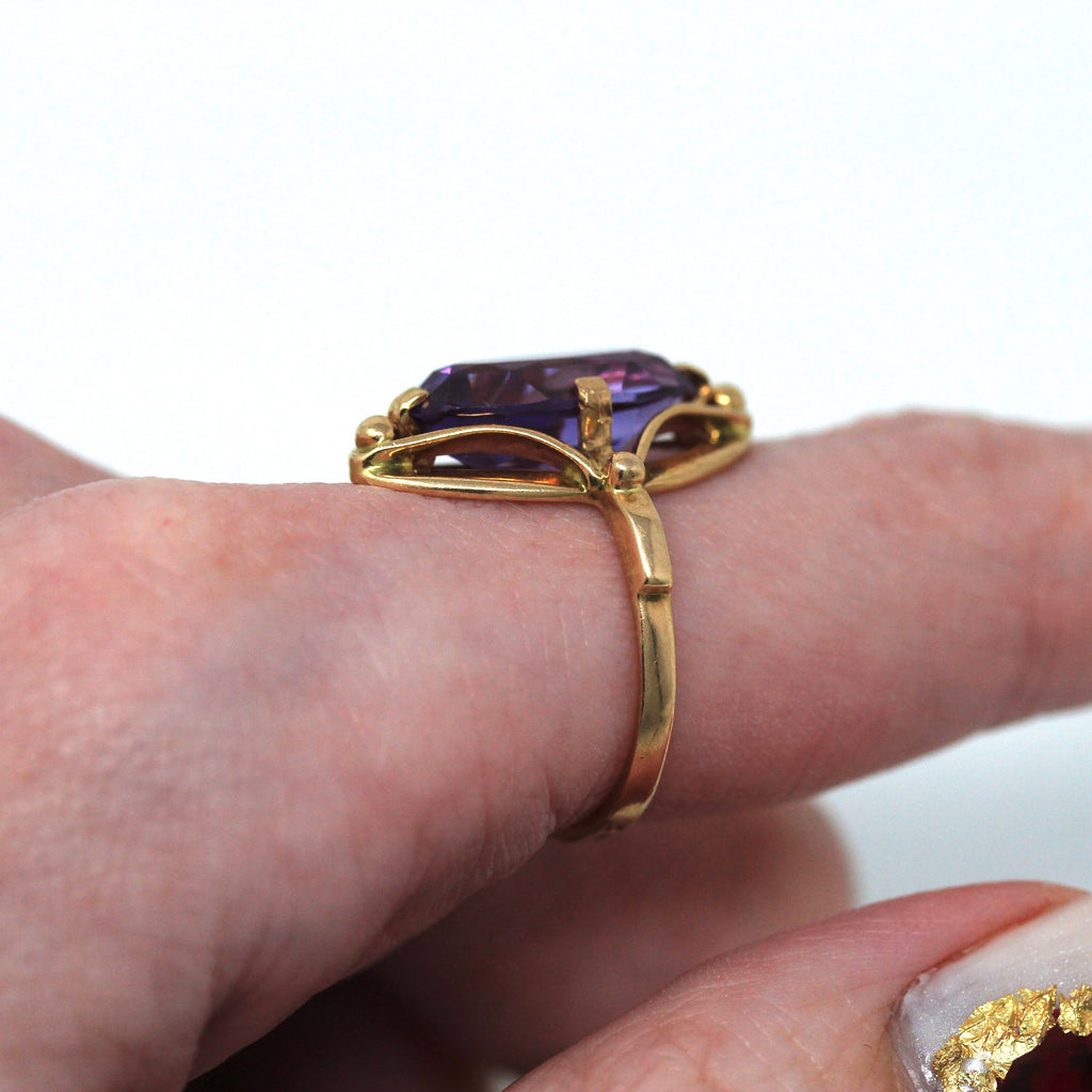 Sale - Gold Navette Ring - Retro 14k Rose Gold 5+ CT Created Color Change Sapphire - Circa 1960s Size 6 3/4 Vintage Purple Russian Jewelry