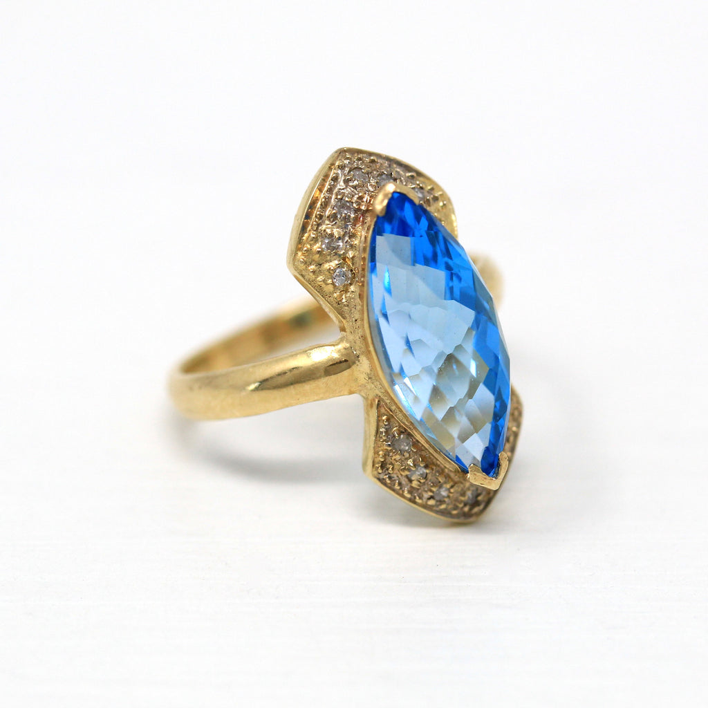Swiss Blue Topaz Ring - Estate 14k Yellow Gold Genuine 3.97 CT Gemstone - Modern Circa 2000s Size 5 December Birthstone Diamond Fine Jewelry