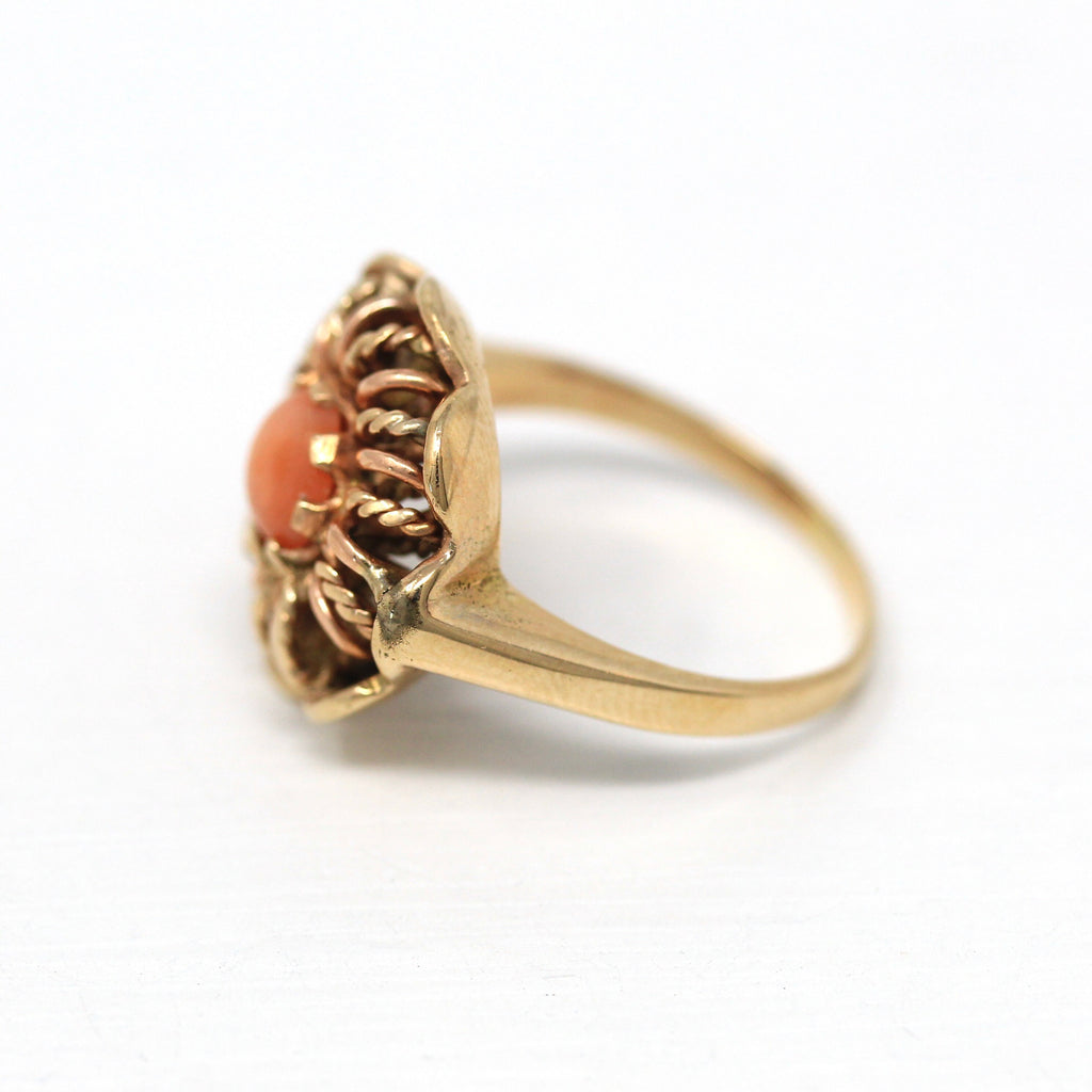 Sale - Genuine Coral Ring - Retro 10k Yellow Gold Cabochon Cut Organic Gem - Vintage Circa 1970s Size 5 3/4 Statement Fine Flower Jewelry