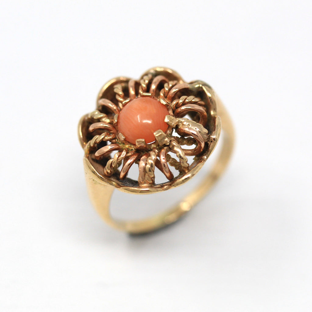 Sale - Genuine Coral Ring - Retro 10k Yellow Gold Cabochon Cut Organic Gem - Vintage Circa 1970s Size 5 3/4 Statement Fine Flower Jewelry