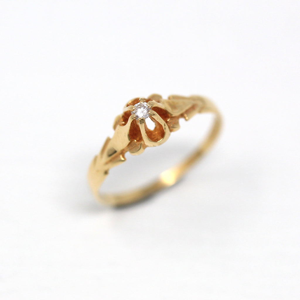 Sale - Genuine Diamond Ring - Retro 14k Yellow Gold Round Faceted .03 CT Gem - Vintage Circa 1970s Era Size 5 1/4 April Birthstone Jewelry