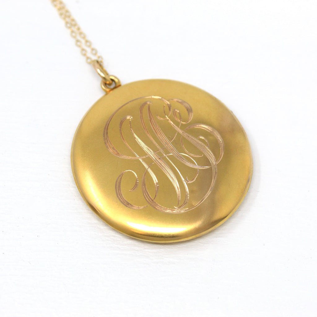 Sale - Monogrammed "MGS" Locket - Edwardian 10k Solid Gold Round Engraved Letter Necklace - Circa 1910s Vintage Photograph Keepsake Jewelry