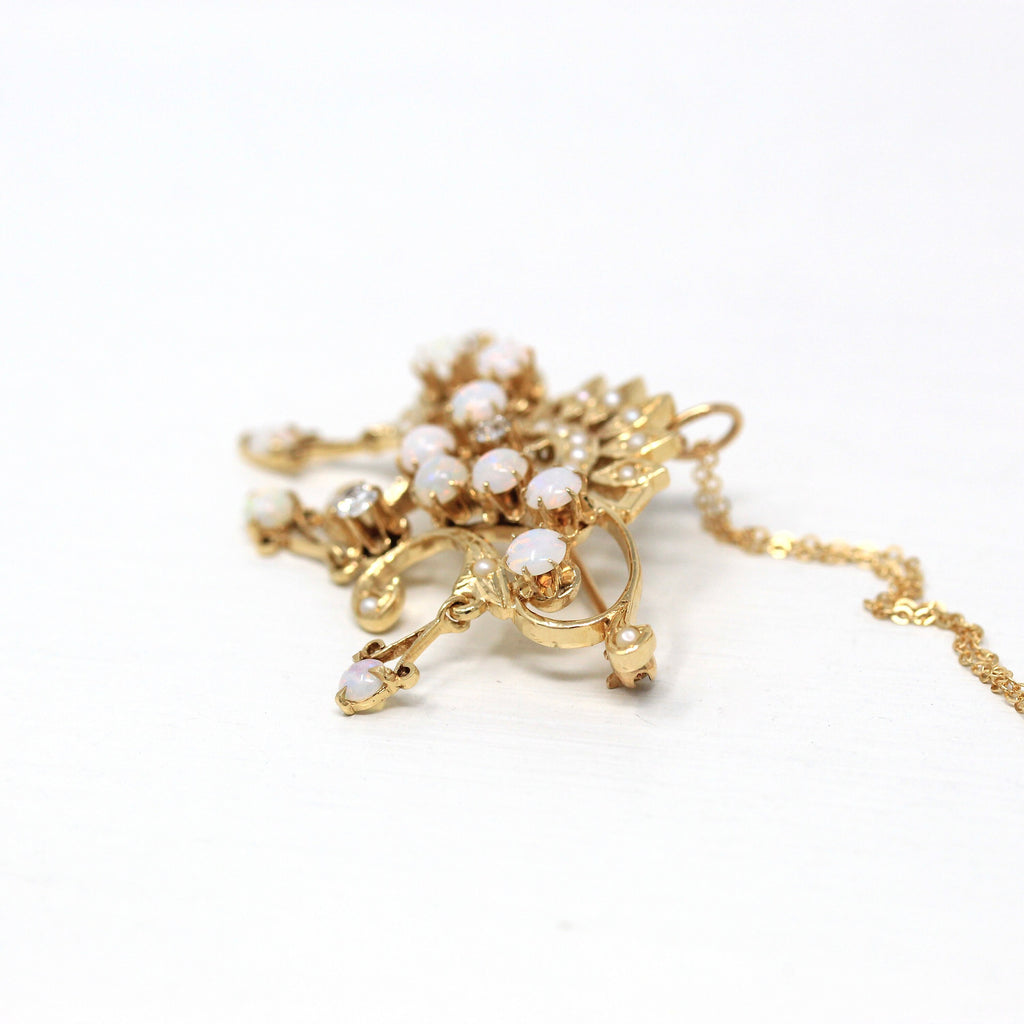 Sale - Antique Style Pendant - Vintage 14k Yellow Gold Genuine 1.72 CTW Opal Diamond Gems - Circa 1960s Statement Brooch Necklace Jewelry