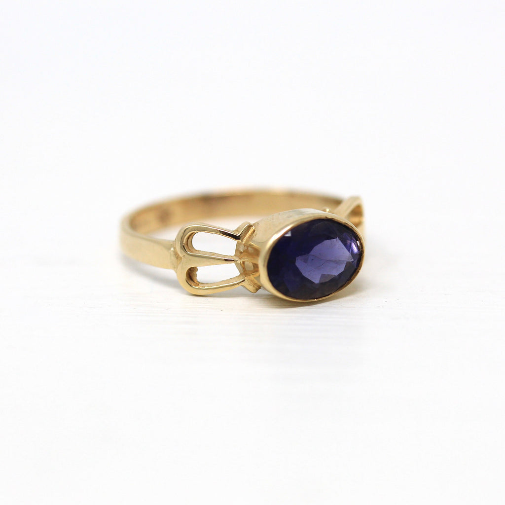 Sale - Modern Iolite Ring - Estate 9k Yellow Gold Genuine .98 CT Purple Violet Gem Edinburgh Hallmarks - Circa 1990s Size 7 Bow Fine Jewelry