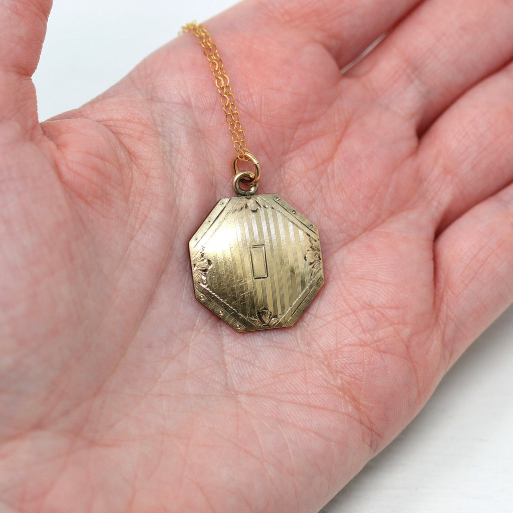 Sale - Antique Pendant Fob - Edwardian Gold Filled Engraved Pinstripe Design Necklace - Vintage Circa 1910s Octagon Shaped Statement Jewelry