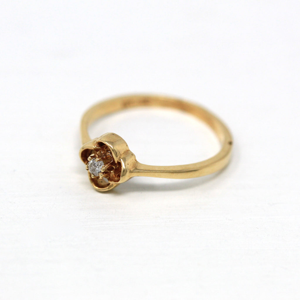 Sale - Diamond Flower Ring - Retro 14k Yellow Gold Round Faceted .05 CT Gem - Vintage Circa 1970s Era Size 5 3/4 April Birthstone Jewelry