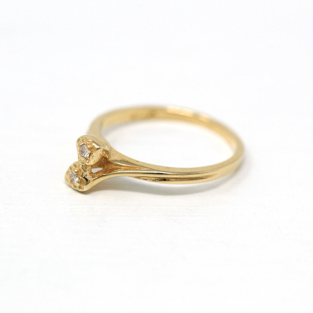 Sale - Diamond Heart Ring - Retro 14k Yellow Gold Bypass Style .02 CTW Gems - Vintage Circa 1970s Size 6 1/4 April Birthstone Fine Jewelry