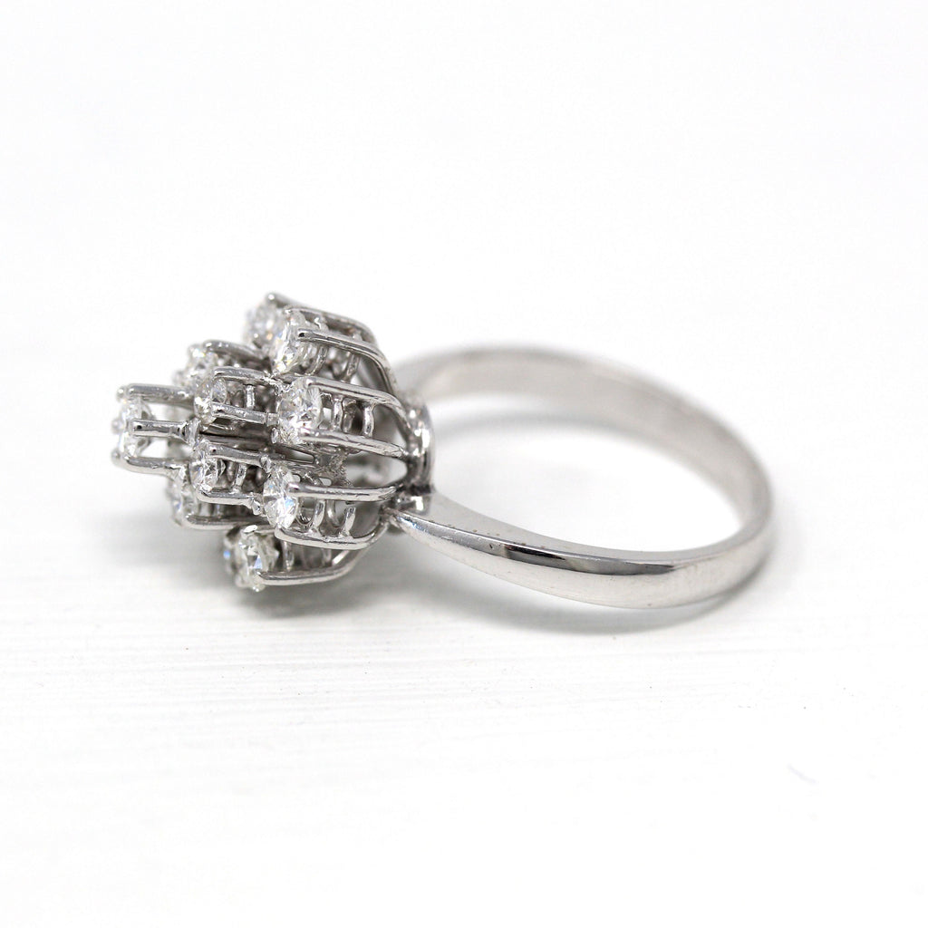 Sale - Diamond Cluster Ring - 18k White Gold Genuine Diamonds 1.32 CTW Gems - Circa 1960s Size 6 1/2 Anniversary Promise Engagement Jewelry