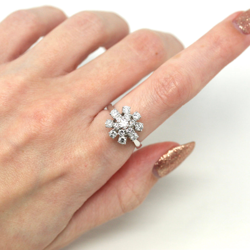 Sale - Diamond Cluster Ring - 18k White Gold Genuine Diamonds 1.32 CTW Gems - Circa 1960s Size 6 1/2 Anniversary Promise Engagement Jewelry