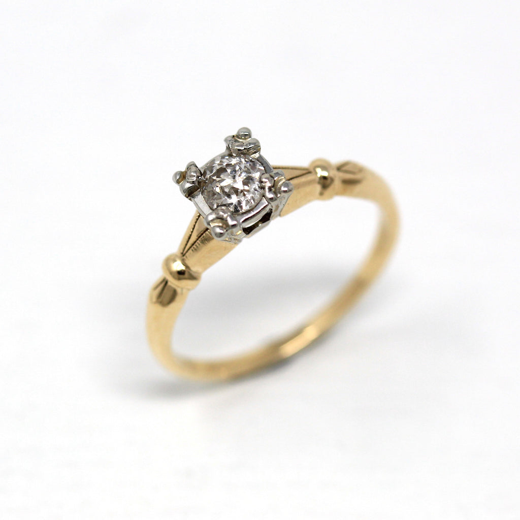 Vintage Engagement Ring - Retro 14k Yellow & White Gold 1/3 CT Diamond Solitaire - 1940s Size 7 Promise Wedding Bridal Two Tone Fine Jewelry