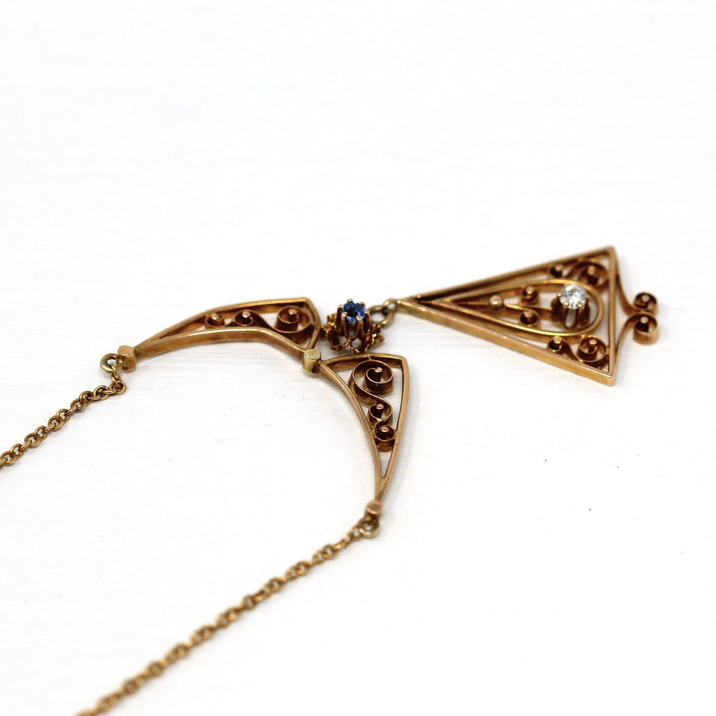 Sale - Antique Lavalier Necklace - Edwardian 10k Yellow Gold Statement Genuine Sapphire Diamond - Circa 1910s Buttercup Flower Fine Jewelry