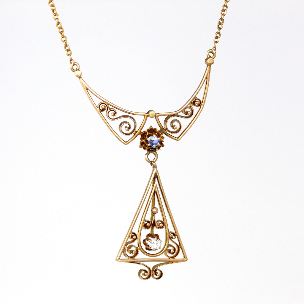 Sale - Antique Lavalier Necklace - Edwardian 10k Yellow Gold Statement Genuine Sapphire Diamond - Circa 1910s Buttercup Flower Fine Jewelry