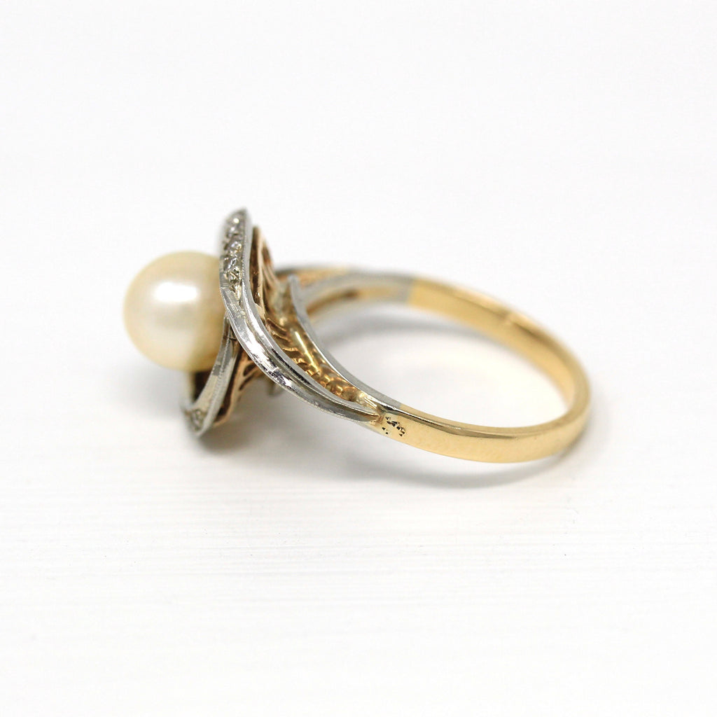 Cultured Pearl Cocktail Ring - Retro 14k Yellow & White Gold .12 Genuine Diamond Gems - Vintage Circa 1960s Era Size 8 Halo Fine 60s Jewelry