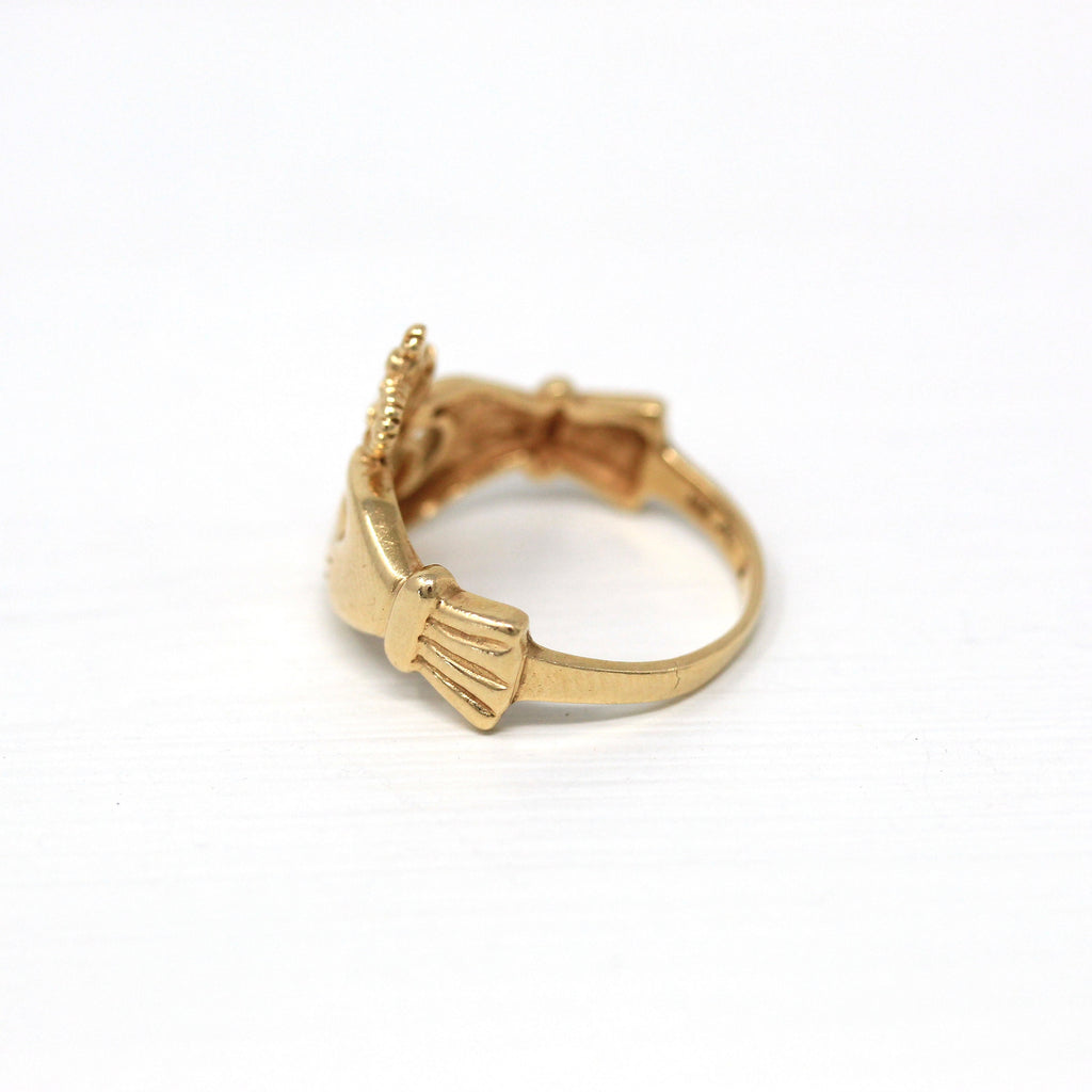 Sale - Estate Claddagh Ring - Modern 14k Yellow Gold Heart Clasped Hand Crown - Circa 1990s Size 4 3/4 Friendship Love Loyalty Irish Jewelry