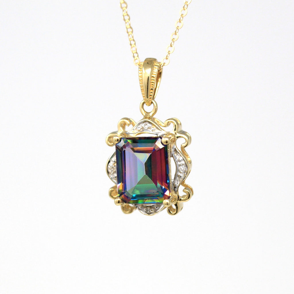 Sale - Mystic Topaz Necklace - Modern 10k Yellow Gold Rectangular Cut Faceted 3.4 CT Rainbow Gem - Estate Circa 2000's Diamond Fine Jewelry