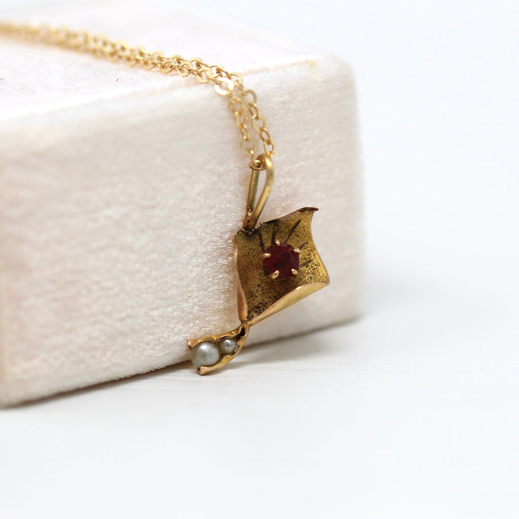 Sale - Antique Flower Necklace - Edwardian 10k Yellow Gold Simulated Ruby Seed Pearl Charm Pendant - Circa 1910s Fine Dainty Floral Jewelry