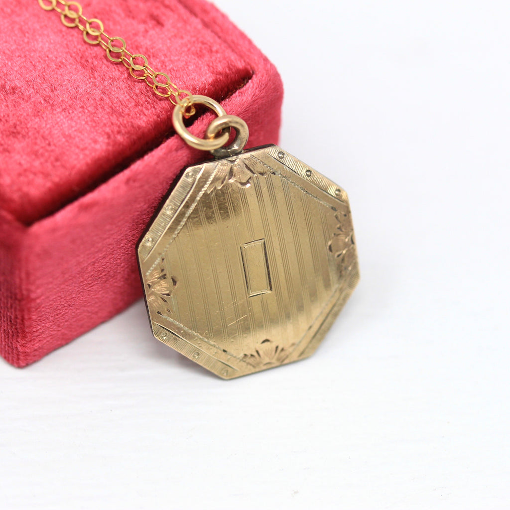 Sale - Antique Pendant Fob - Edwardian Gold Filled Engraved Pinstripe Design Necklace - Vintage Circa 1910s Octagon Shaped Statement Jewelry