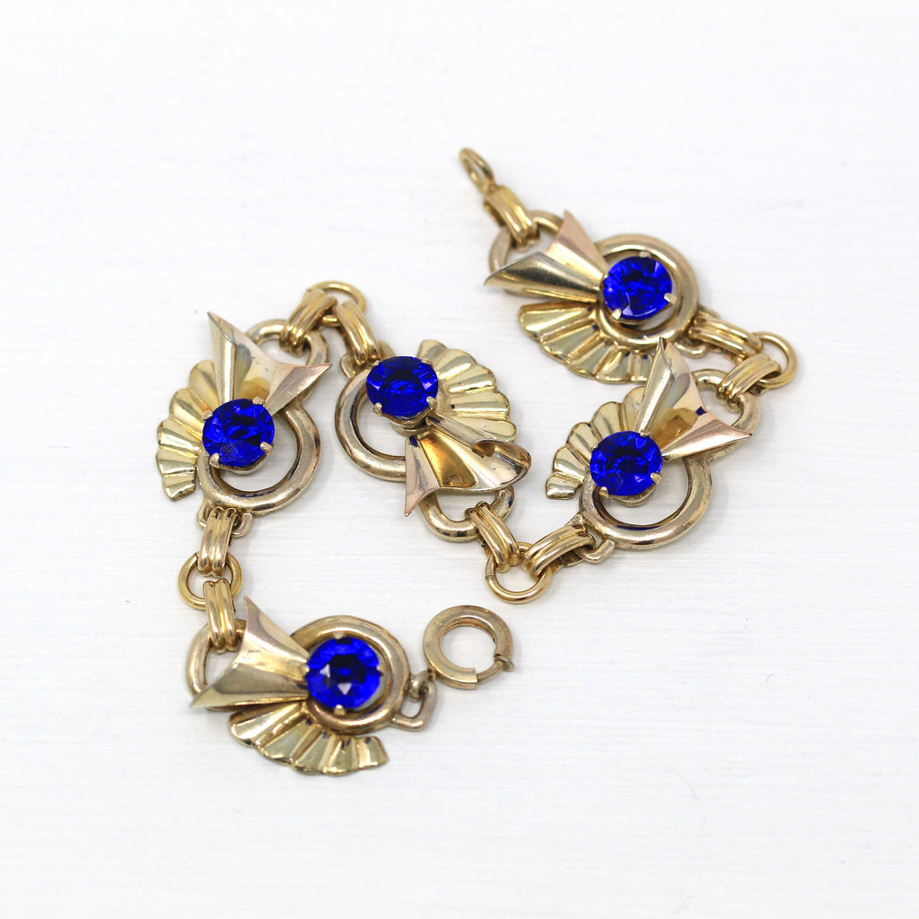 Sale - Simulated Sapphire Bracelet - Retro 10k Gold Filled Blue Glass Stones Statement - Vintage Circa 1940s Accessory Harry Iskin Jewelry
