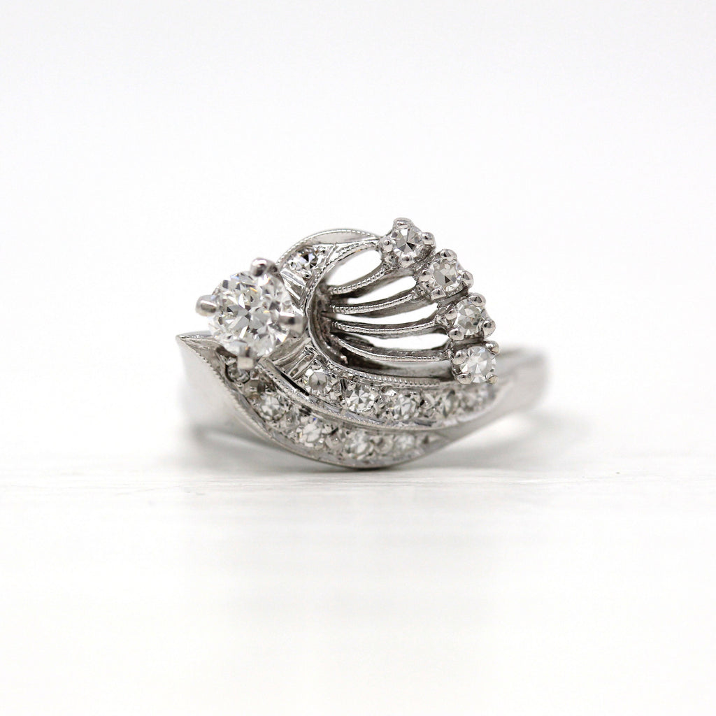 Sale - Mid Century Ring - Vintage 14k White Gold .59 CTW Diamonds Gems - 1950s Era Size 7 1/4 Cocktail Fan Motif Spray Halo Fine 50s Jewelry